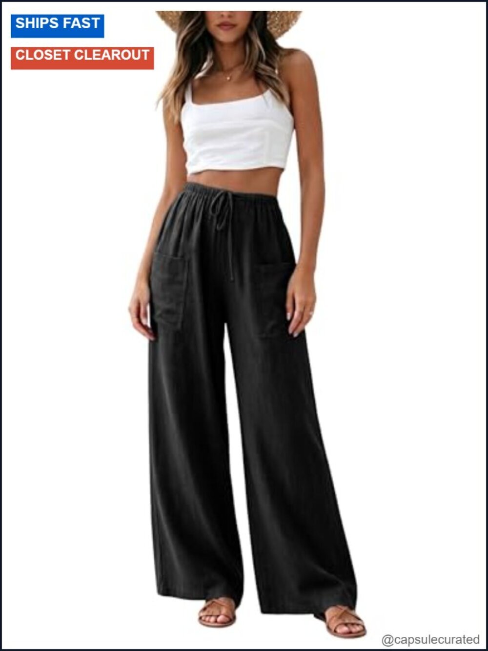 Cotton Linen Wide Leg Palazzo Pants Drawstring Casual Loose Summer Beach